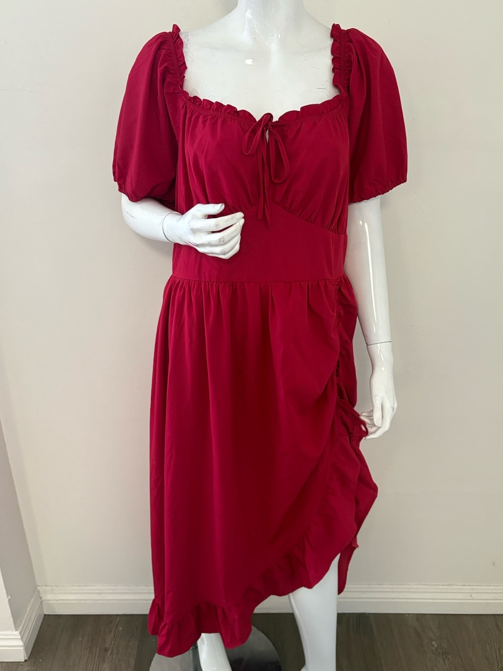 Scarlet Darkness Burgundy Milkmaid Puff-sleeve Maxi Dress Ruched w Ruffle Hem